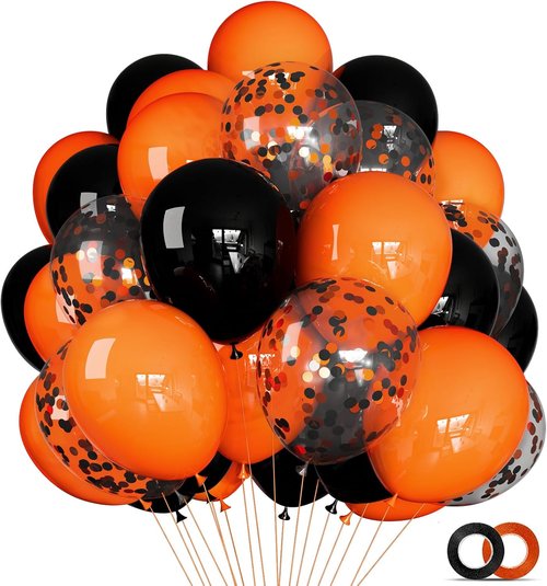 68Pcs Black and Orange Balloon Set - 12 Inch Latex Balloons with Confetti Ribbons for Halloween & Graduation Decor