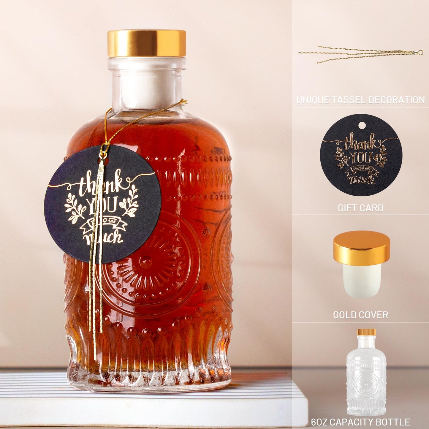 GYOSUGANG 6 Pack Glass Bottles with Lids - 6 oz Liquor Bottles with Gift Labels & Decorations for Oil Vinegar Kombucha Whiskey Wine Beverages Drinks Beer Water Soda with T-Top Cork Cap