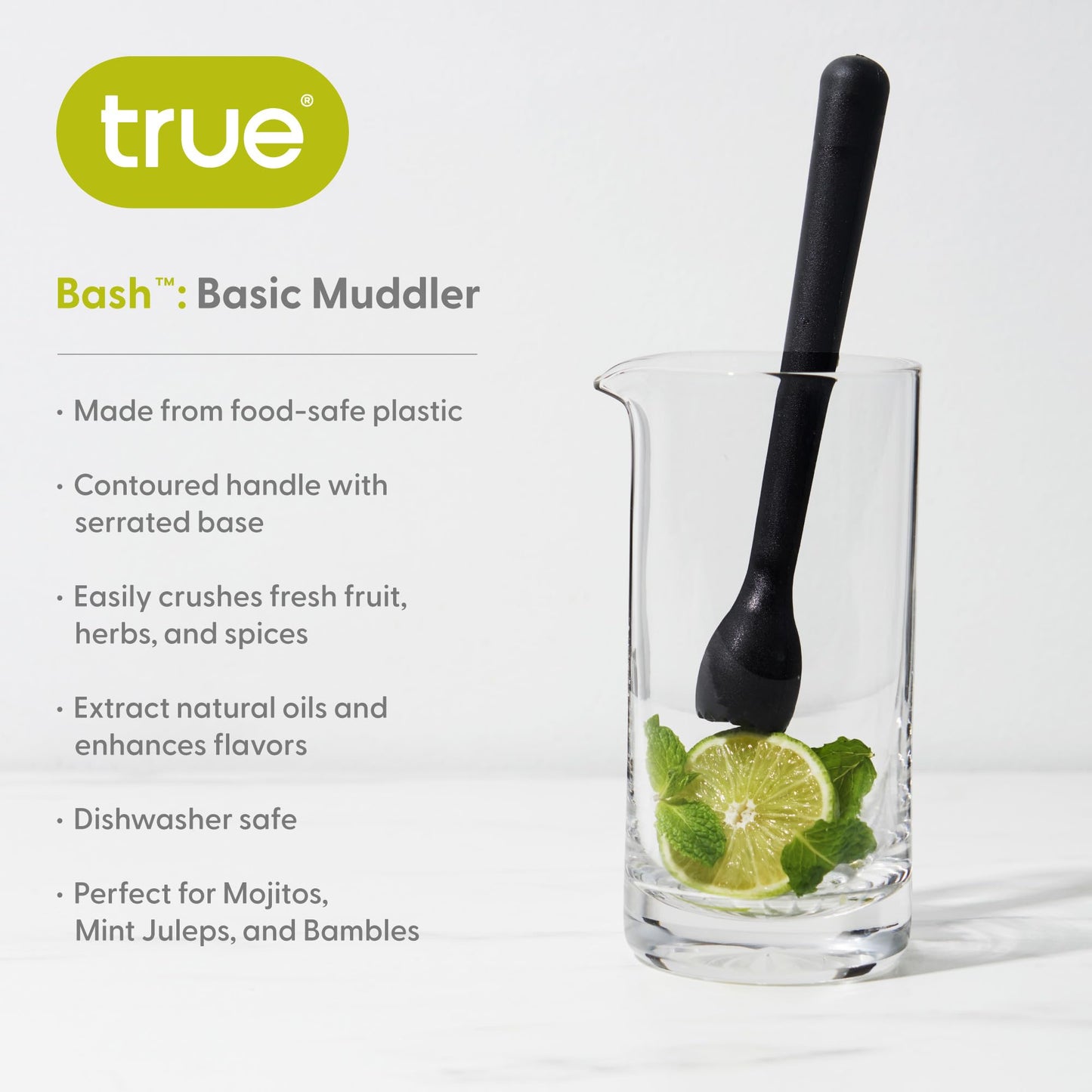 True Bash Muddler for Cocktails, Fruits, Spices, Herbs, Bar Muddler for Mojitos, Mint Juleps, Old Fashioneds, Kitchen and Home Bar Accessories, Bartender Tools, Lemon & Lime Smasher, 8.25", Black