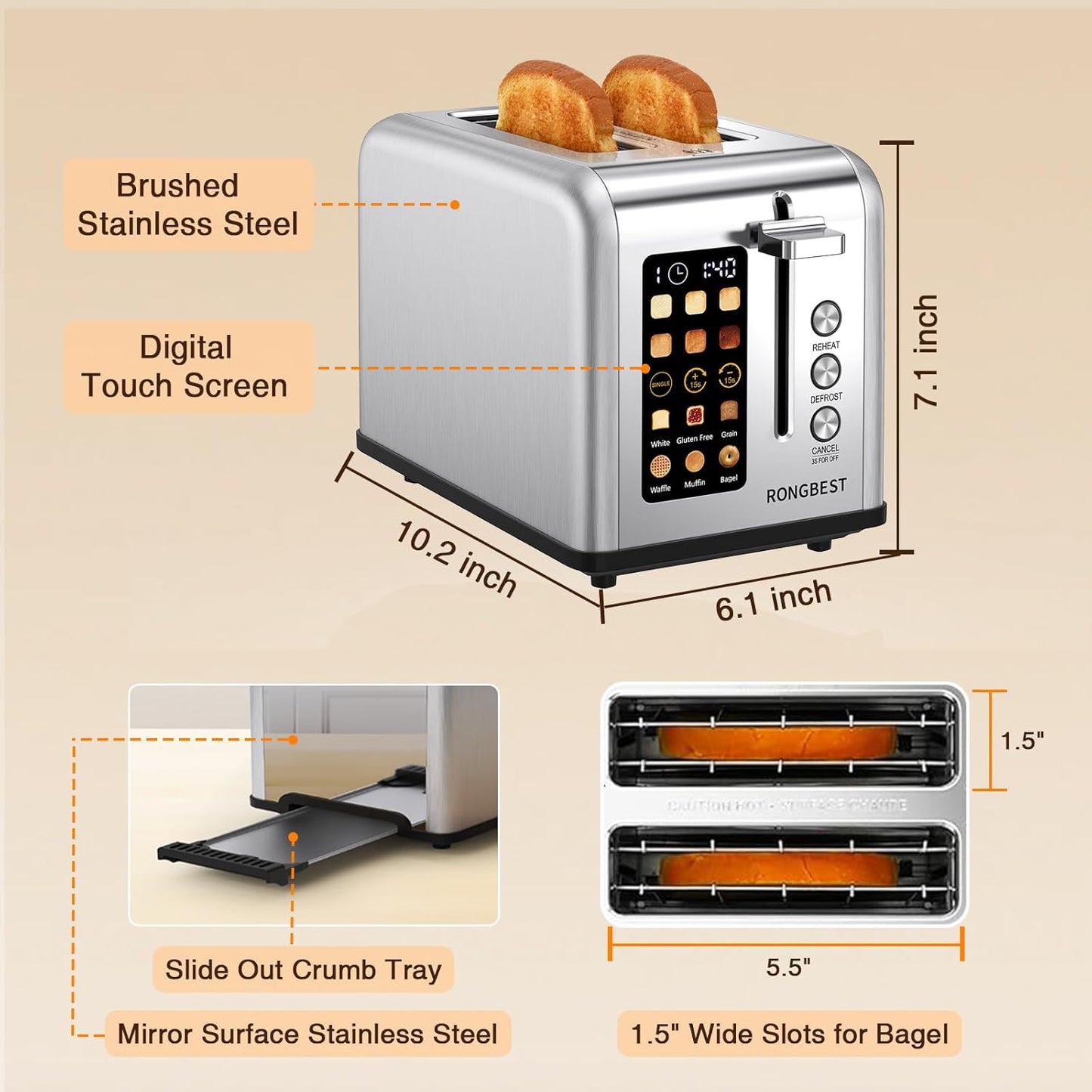 Skiennix 2-Slice Touch Screen Toaster - Wide Slots for Even Toasting, Reheat & Defrost, Silver