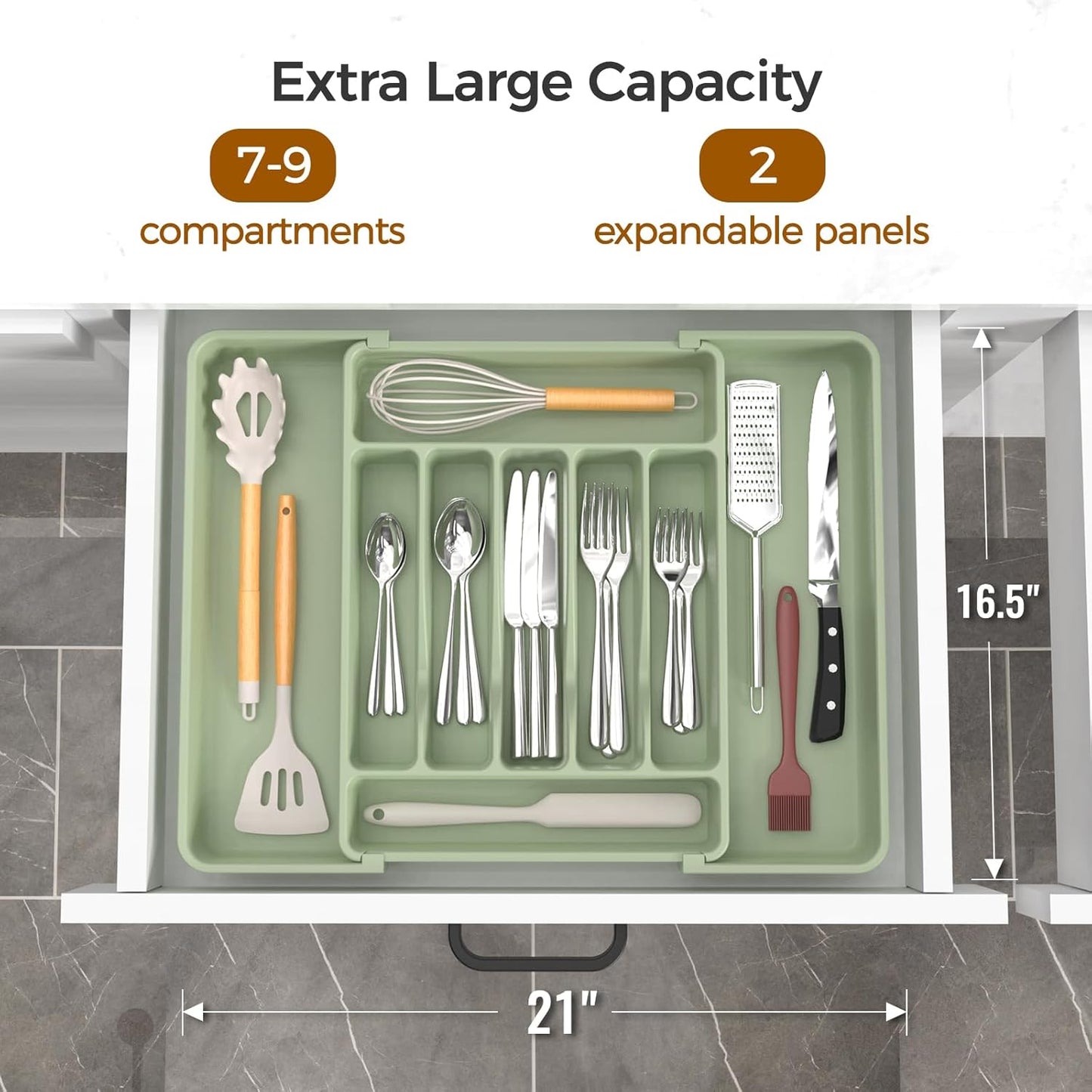 Ukeetap Extra Large Expandable Silverware Organizer - BPA-Free Cutlery Drawer Holder | Adjustable Green Design