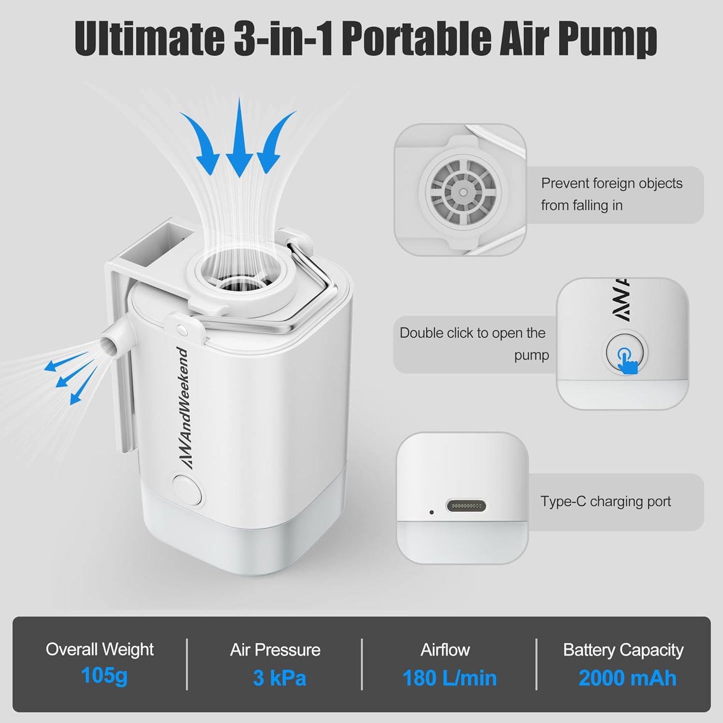 THE WEEKEND Portable Air Pump - Fast Inflate/Deflate for Camping, Travel, & Outdoor Gear | Built-in Light