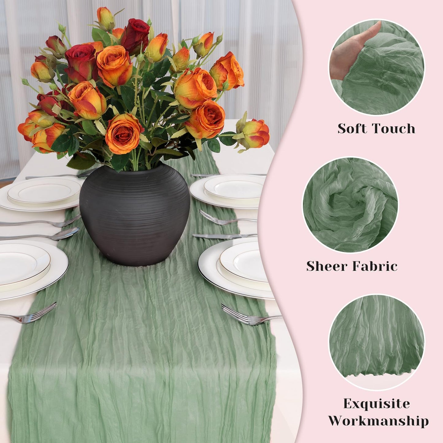 Sage Green Cheesecloth Table Runner, 10 Ft Easter Boho Table Runner, 120 in Spring Rustic Table Runners for St Patrick's Day, Wedding, Party, Baby & Bridal Shower