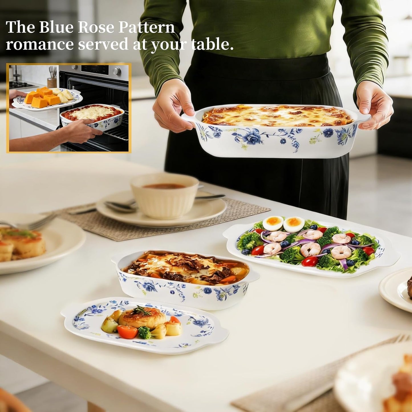 Skiennix Ceramic Casserole Dish Set - 4-Piece Bakeware with Lids | Oven & Microwave Safe, 13x8 & 9x6 Inch