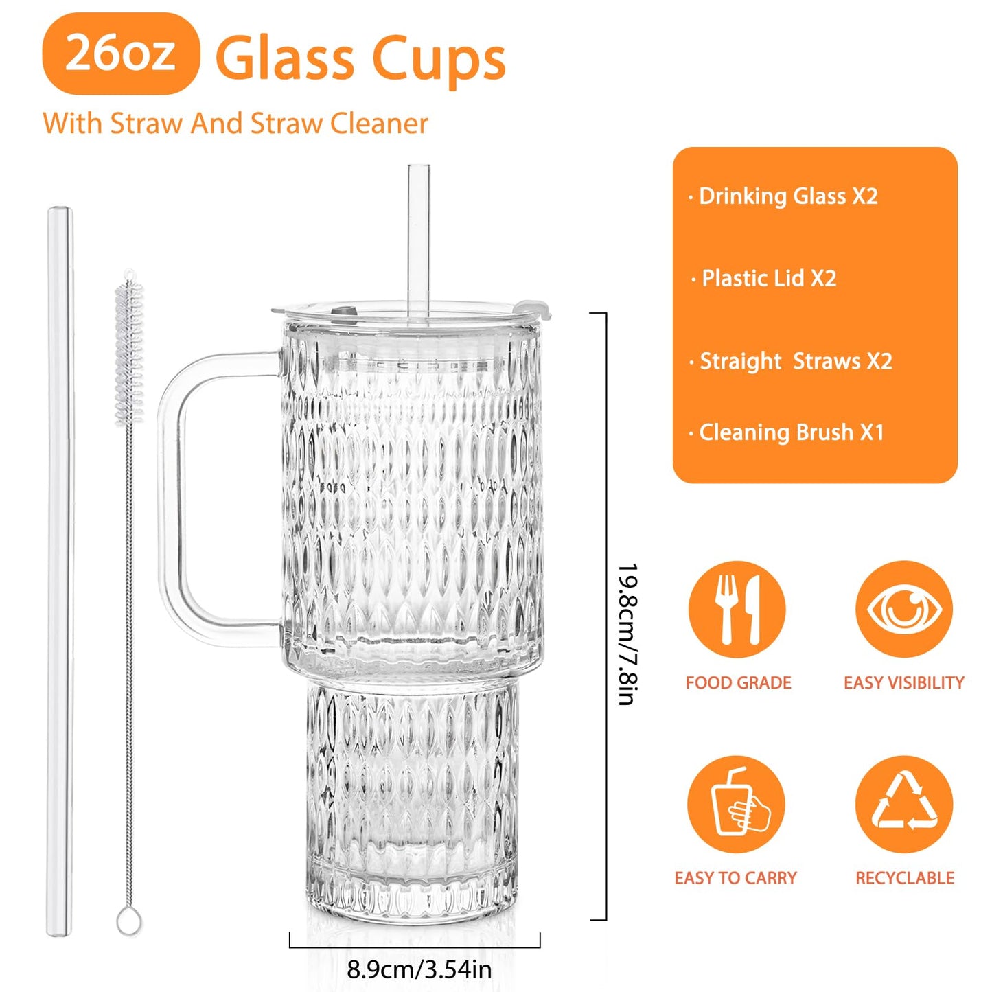 SoulTimes 26oz Raindrop Glass Tumbler with Handle - Set of 2, Reusable Iced Coffee Cup, Glass Cup with Lid and Straw for Smoothies, Juice, Coffee, Tea, Milk & More