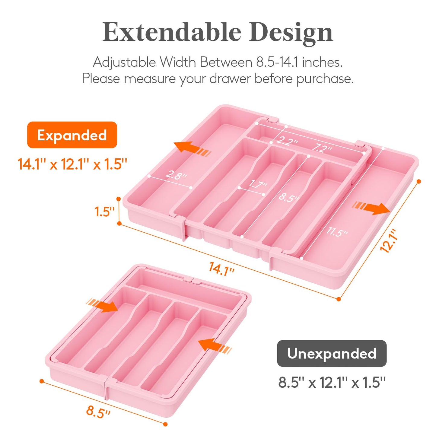 Lifewit Silverware Drawer Organizer, Expandable Utensil Tray for Kitchen, BPA Free Flatware and Cutlery Holder, Adjustable Plastic Storage for Spoons Forks Knives, 8.5"-14.1" x 12.1", Pink