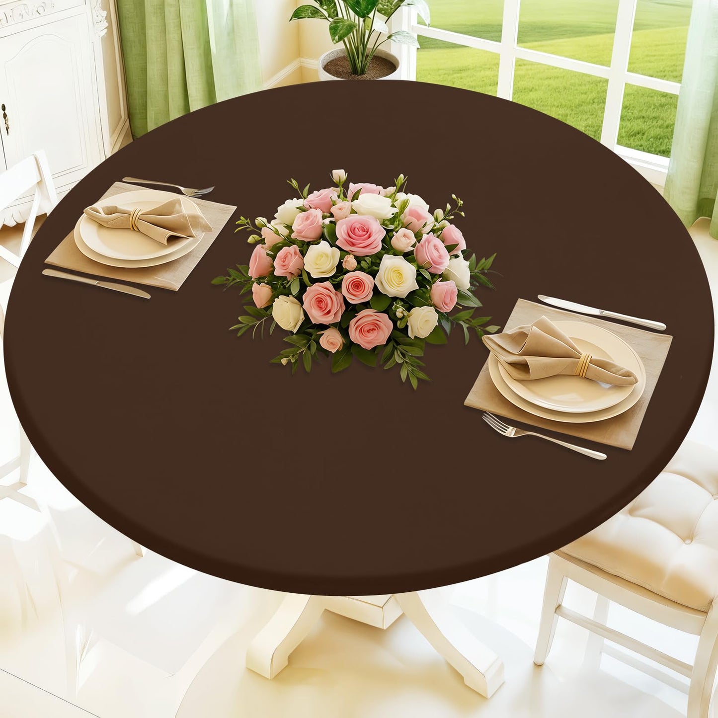 Moosfor Round Spandex Tablecloth, Elastic Fitted Waterproof Tablecloths for 18"-24" Tables, Stretch Washable Picnic Table Cover for Camping, Dining, Indoor and Outdoor, Coffee