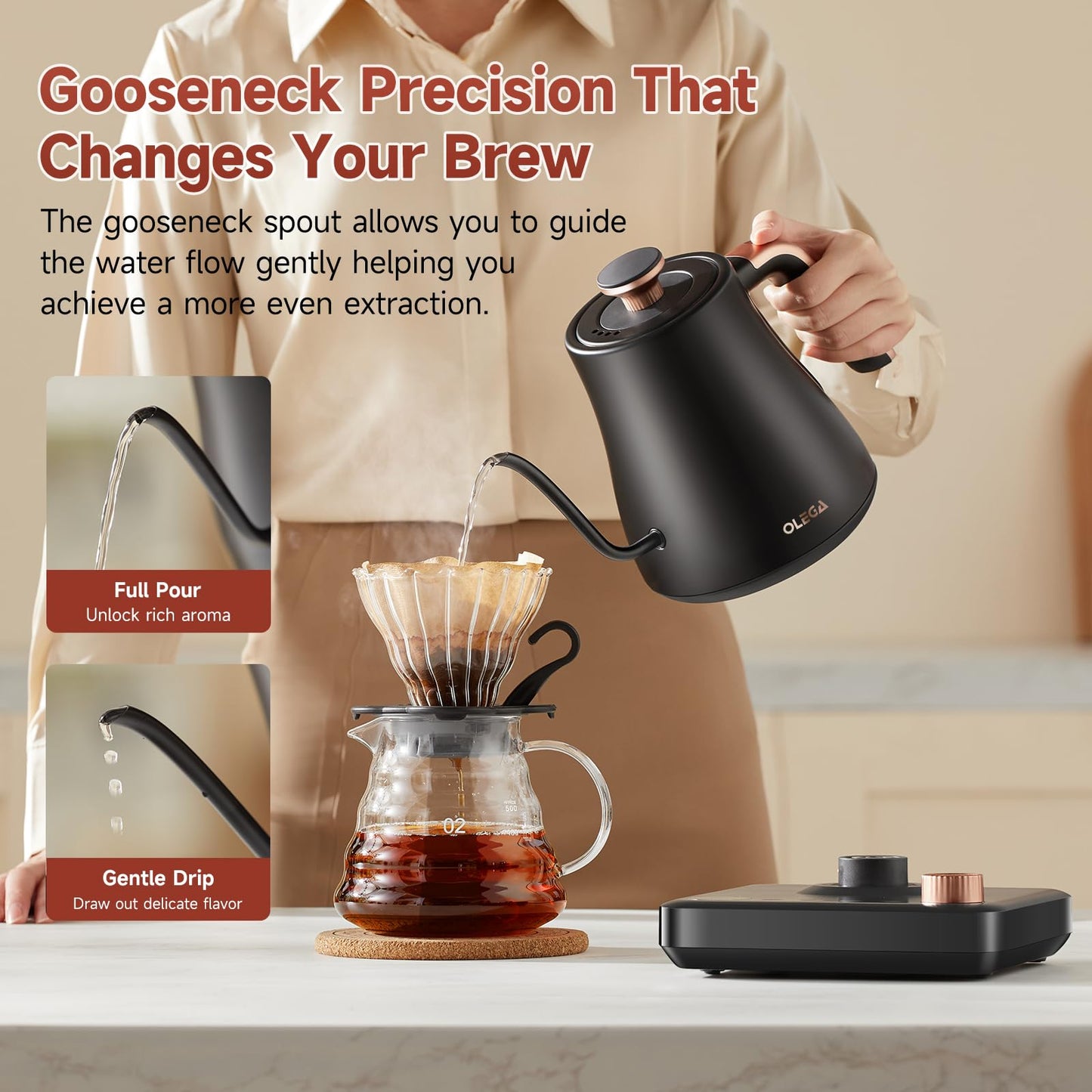 OLEGA Gooseneck Electric Kettle: 1000W Electric Kettles with Temperature Control 0.8L Stainless Steel Electric Tea Kettle Gooseneck Kettle for Coffee Tea Keep Warm (Black)