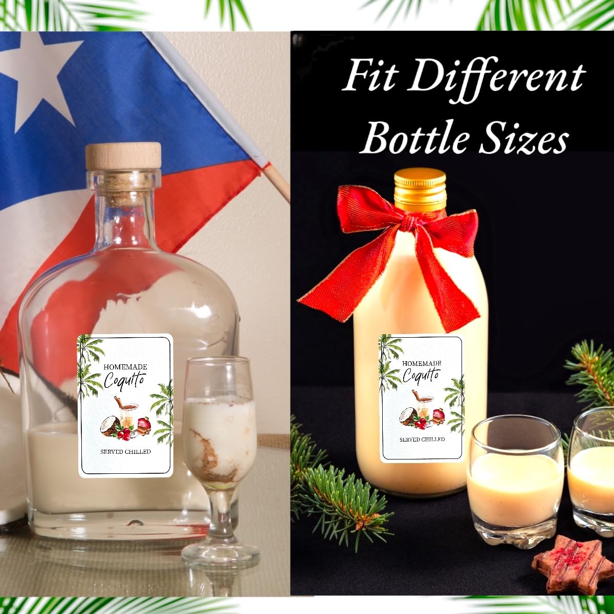 18pcs Coquito Labels for Bottles Christmas, Size 2" X 3" Coquito Xmas Puerto Rico Stickers, for 8oz, 16oz, 32oz Bottles