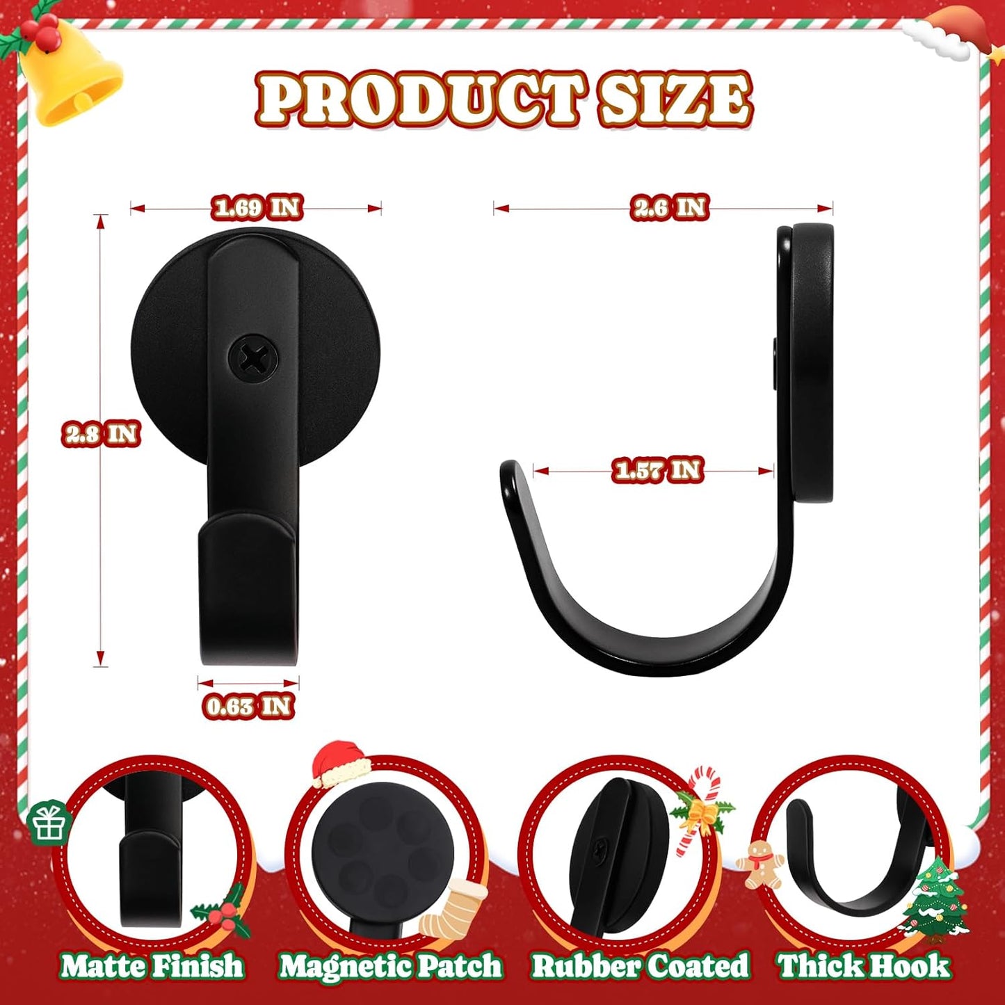 Skiennix Magnetic Wreath Hanger - Rubber Coated Hooks for Metal Doors & Fridges | Black, 2 Pcs