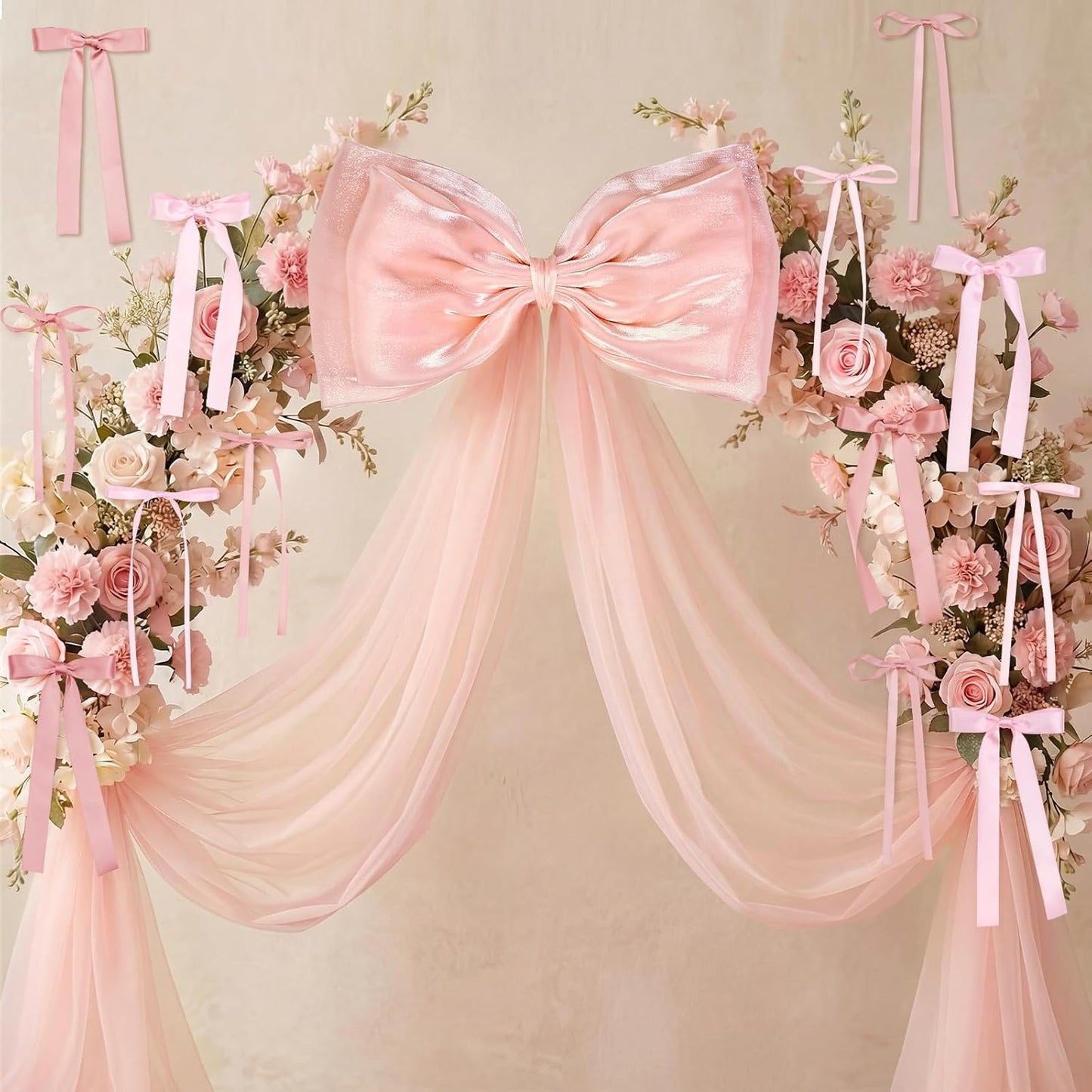 Skiennix 13Pcs Large Pink Pearl Silk Satin Bow Set - 17x55 Inch Giant Bow with 12 Small Satin Bows for DIY Wedding & Baby Shower Decor