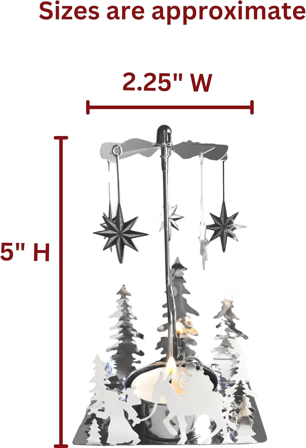 Nativity Candle Spinner - Laser Cut Silver Tea Light Holder with Nativity Scene & Moravian Stars - 5" H x 3.5" L
