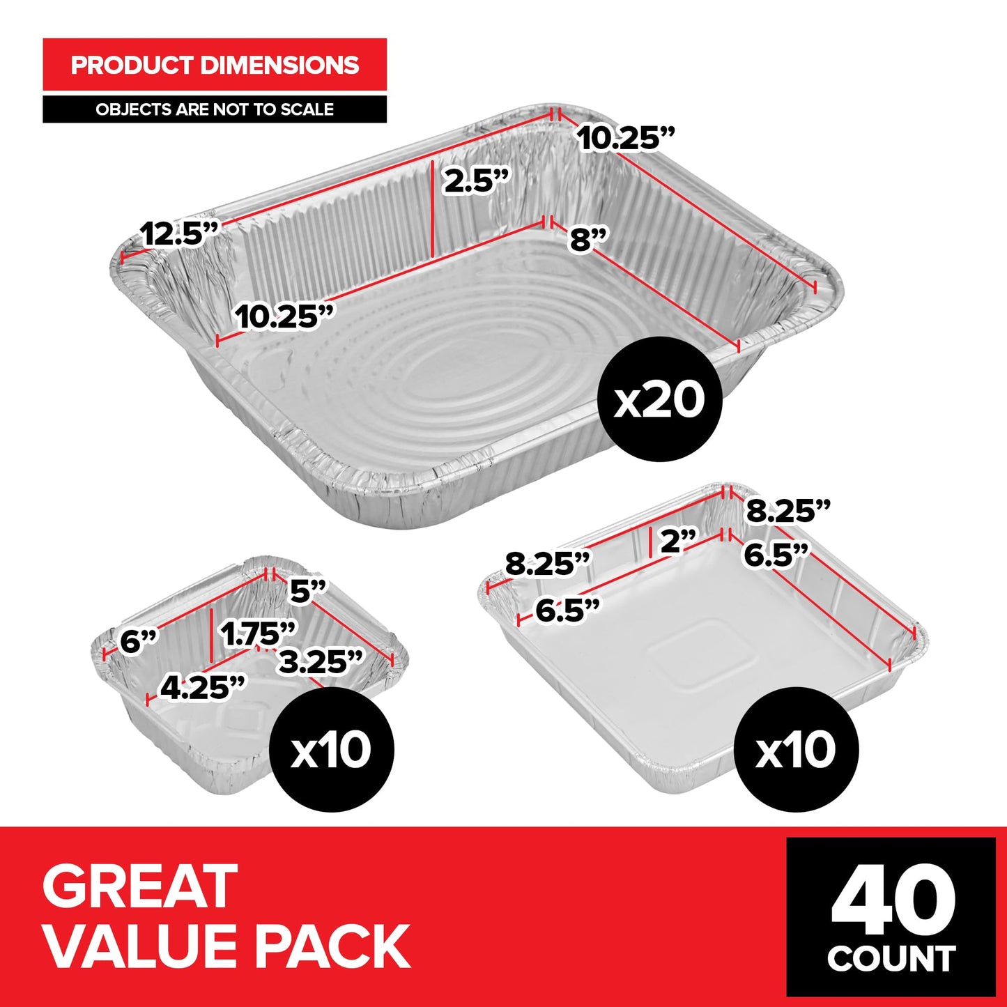 Stock Your Home (Set of 40) Aluminum Pans Disposable, (20) 9x13, (10) 8x8, (10) 1-Lb Heavy Duty Foil Pans, Baking Tins, Cooking Trays, Large and Small Catering Food Containers for Roasting, Serving