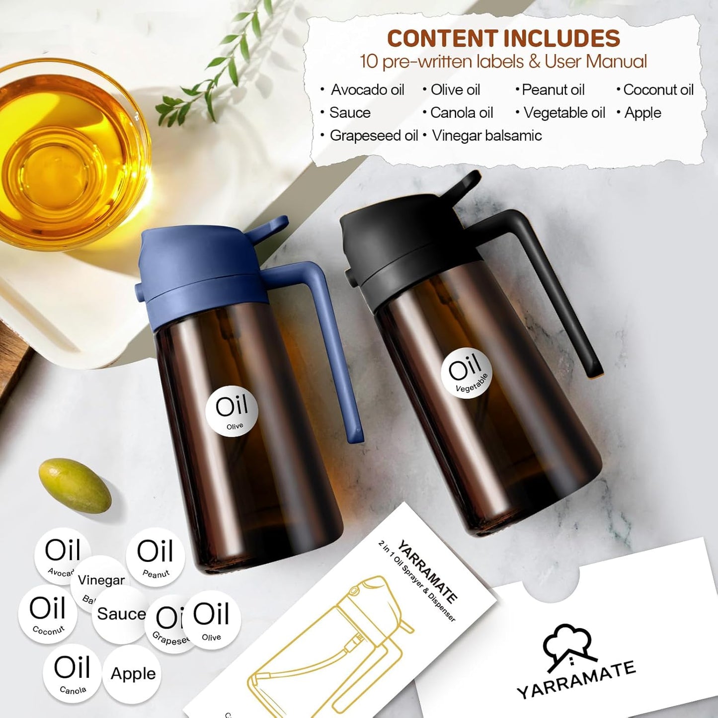 YARRAMATE 2Pcs Dark Brown Oil Sprayer - Food-Grade 2-in-1 Olive Oil Dispenser | 16oz for Cooking & BBQ