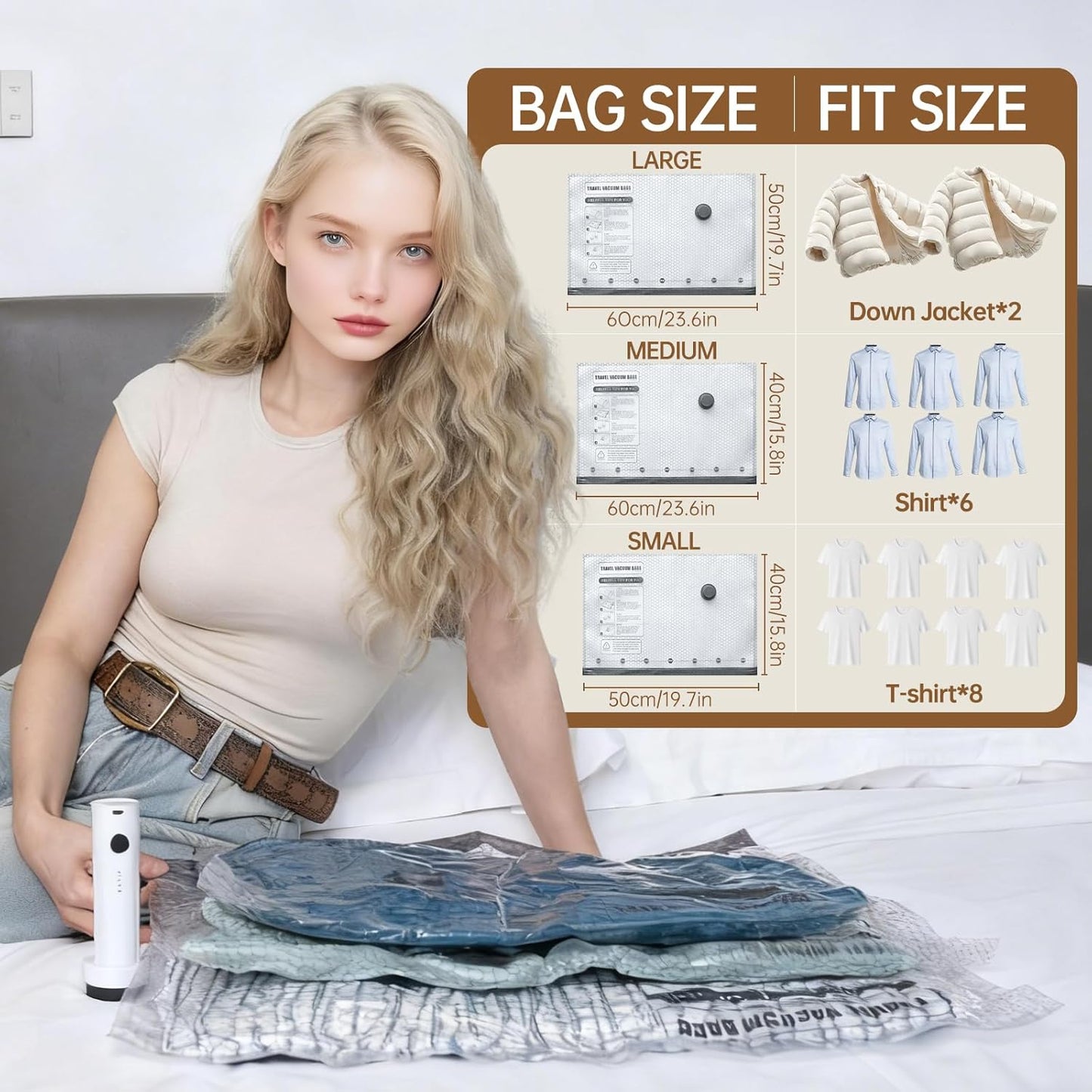 Skiennix Vacuum Bags - 15 Pack Travel Compression Bags with Wireless Pump | Space Saver for Luggage