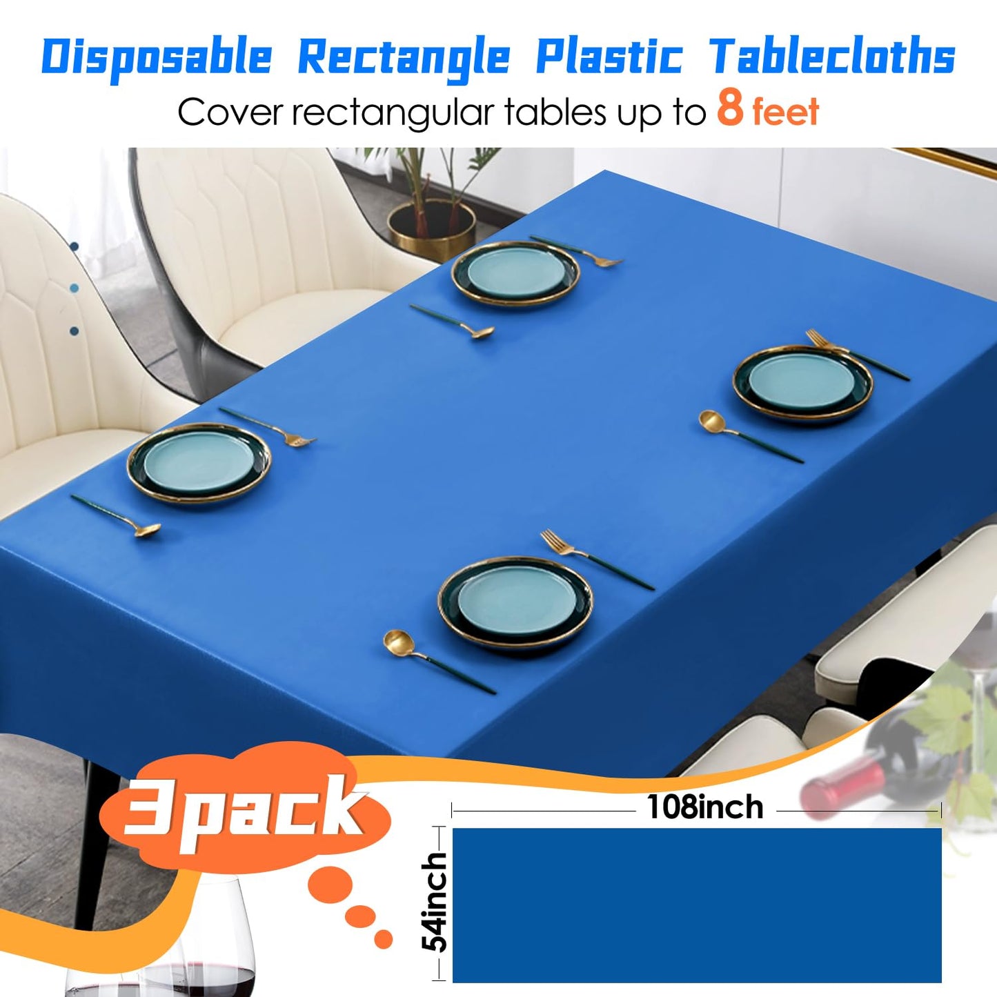 YSYJ 3 Pack Royal Blue Plastic Tablecloth Disposable Rectangular Table Cloth 54 x 108 Inch Table Cover for Parties