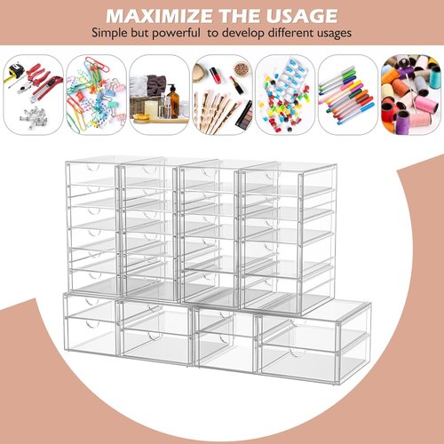 Caktraie Desk Organizer - 22 Drawer Plastic Storage Bins for Office & Makeup | 4 Pack