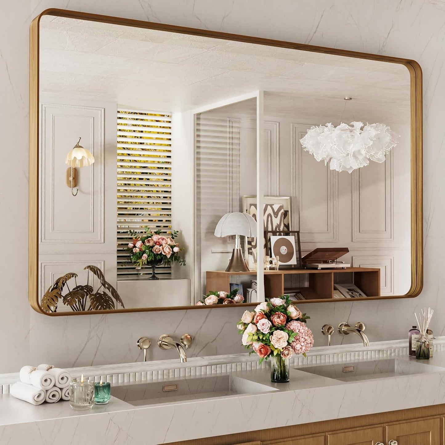 LOAAO Bathroom Mirror - 60X28 Inch Rounded Rectangle Design with Wood Grain Metal Frame | Anti-Rust, Versatile Hanging Options