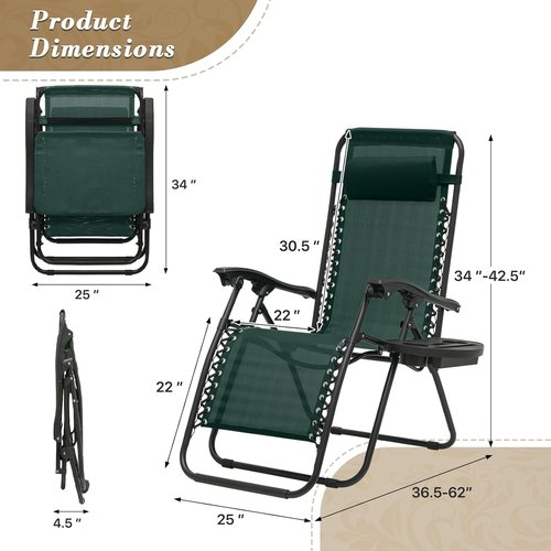 Athena Collection Zero Gravity Lounge Chair Set of 2 - Reclining Pool Chairs with Cup Holder | Green
