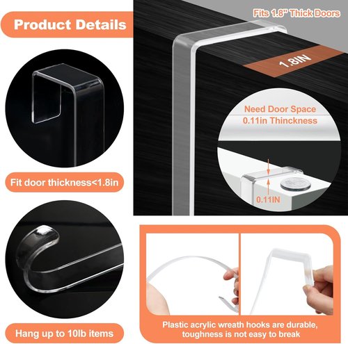 Clear Wreath-Hanger Hooks by [Brand Name] - Non-Scratch Over The Door Organizer | 12-Inch Slim Design