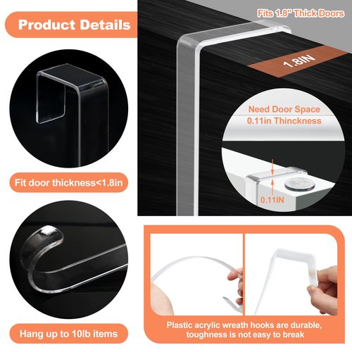 12" Clear Wreath-Hanger Non Scratch Hooks, 1 Pack Wreath-Hanger, Over The Door Hooks Deceneration, Slim Hangers Organizer