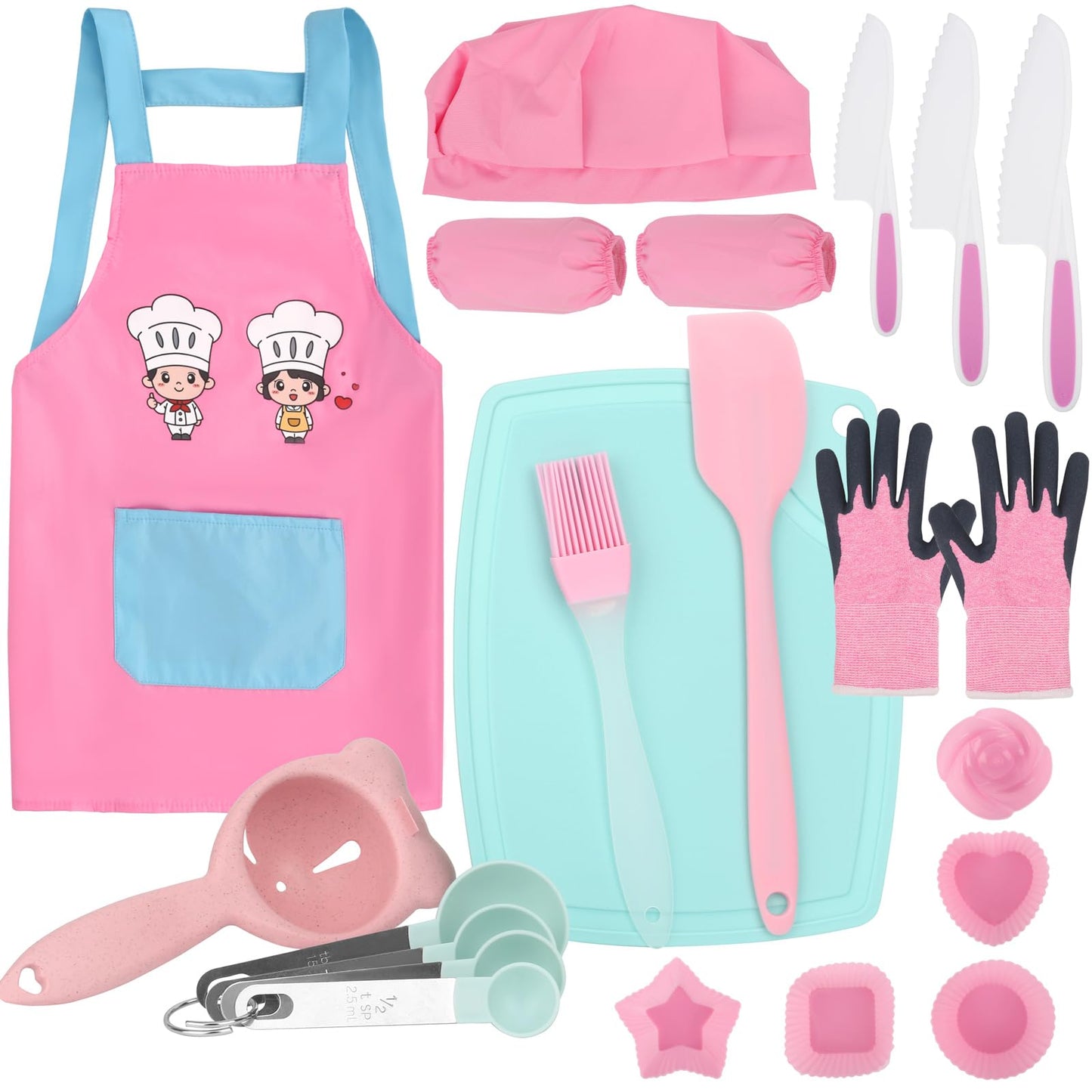 20 PCS Toddler Kitchen Knife Baking Tools Set, Pink Kid Safe Knives for Cutting with Cutting Board