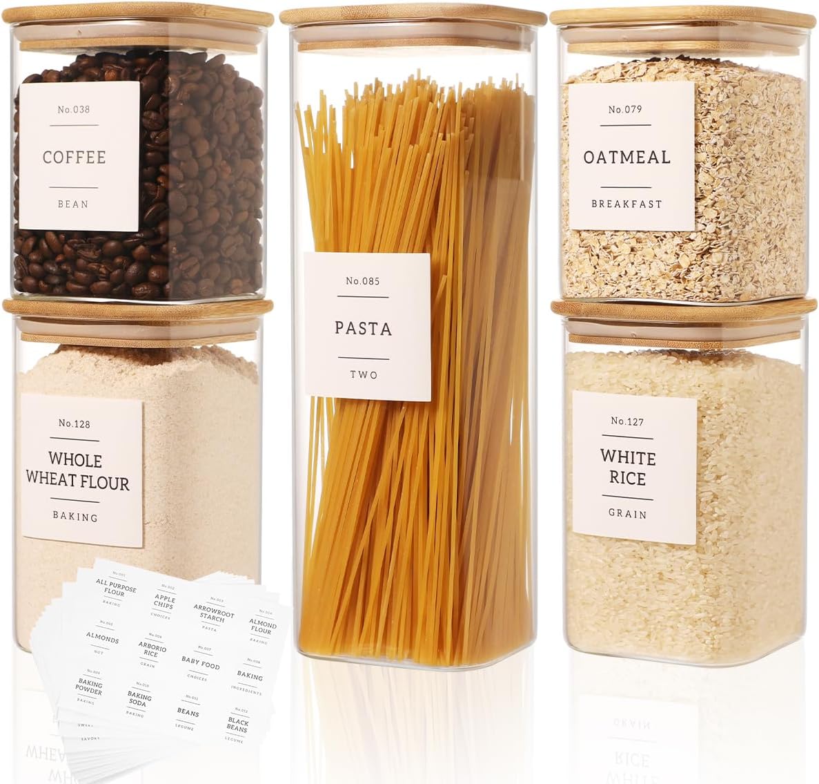 Square Glass Pantry Storage Containers by [Brand Name] - 5 Pack with Airtight Bamboo Lids & 132 Labels | Ideal for Pasta, Cereal, Coffee, Flour, Sugar