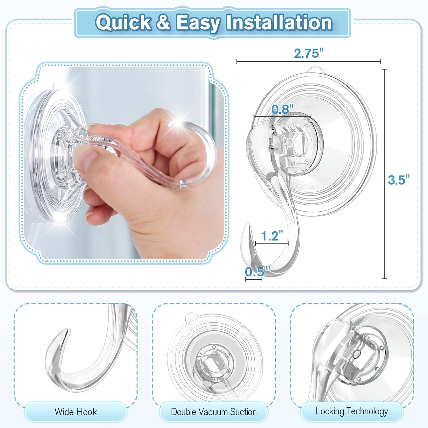 VIS'V Large Suction Cup Hooks with Wipes, Heavy Duty, Removable and Reusable, Clear, 5 Pcs