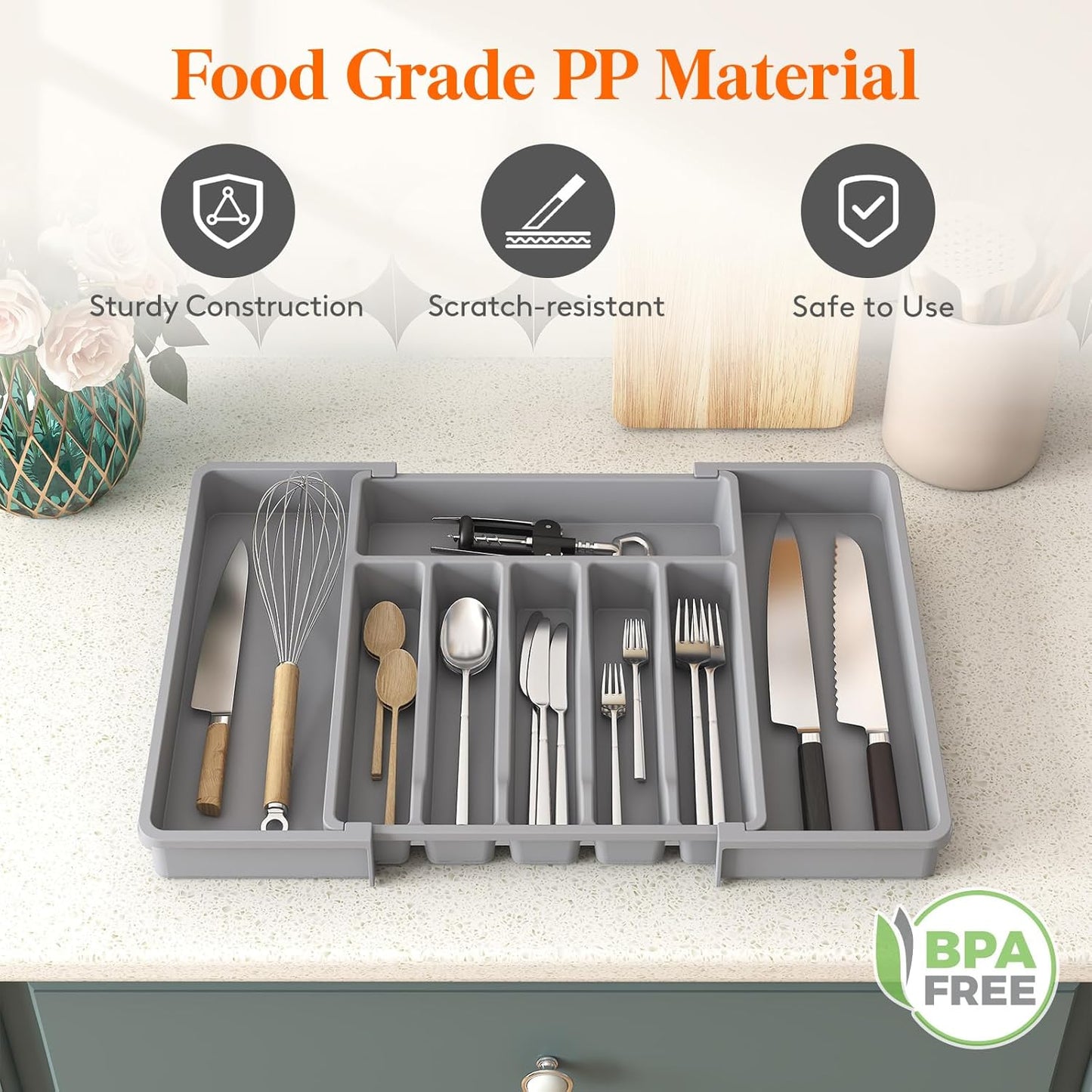 Lifewit Expandable Silverware Organizer - BPA-Free Utensil Tray for Kitchen | Adjustable Cutlery Holder, Gray (33-57 x 42cm)