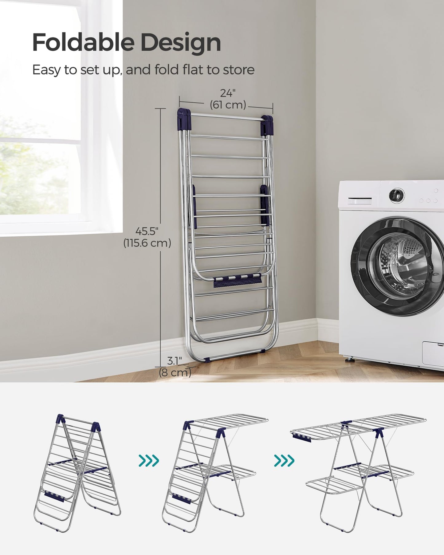 SONGMICS Clothes Drying Rack, Foldable 2-Level Laundry Drying Rack, Free-Standing Laundry Airer, with Height-Adjustable Wings, 33 Drying Rails, Sock Clips, Silver and Blue ULLR53BUV1