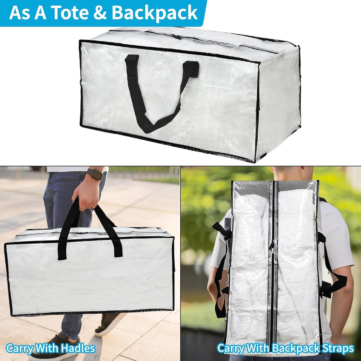 Skiennix Clear Moving Bags - 8 Pack Large Foldable Storage Bags with Handles for Clothes & Bedding