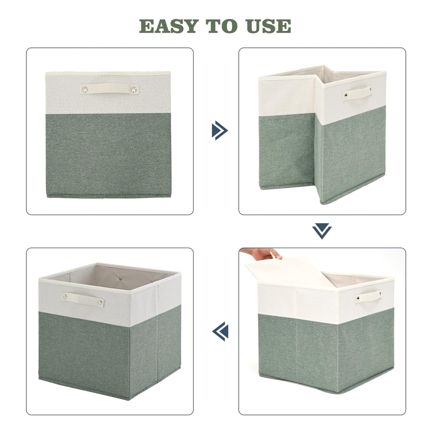 FinishingBo 13 x 13 Inch Fine Linen Storage Bins with Handles，Fabric Cube Boxs，Basket Organizers for Shelves for Home, Closet Drawers (White/Green-4 Pack )