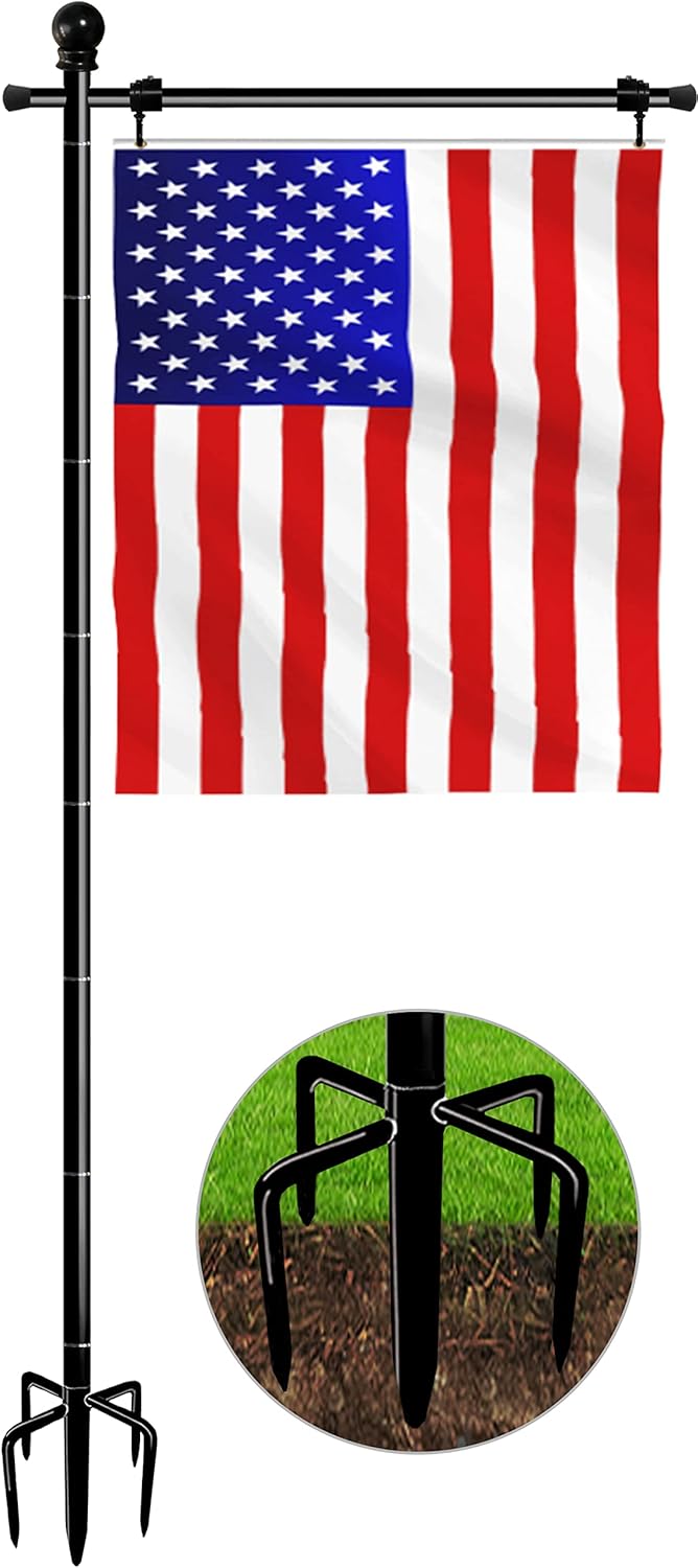 Koutemie 10FT Heavy Duty Garden Flag Pole Stand - Adjustable 5 Prong Base for 3x5 American Flags