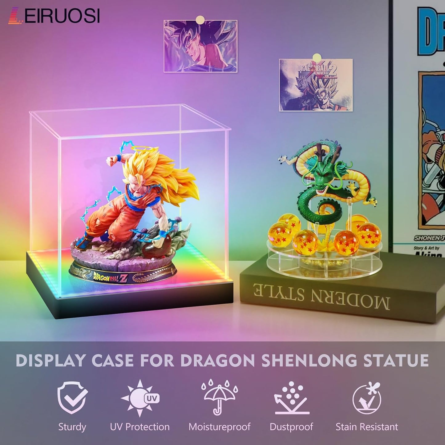 Shenron Clear Acrylic Display Case - LED Showcase for Dragon Shenlong Statue & Dragon Balls | Dustproof Protection