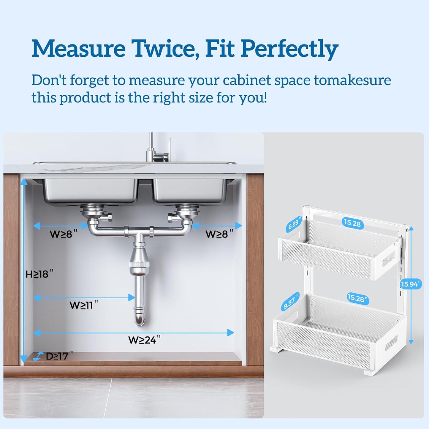Skiennix Kitchen & Bathroom Organizer - Upgraded Guide Rail Design for Smooth Pull-Out | XL White Cabinet Storage