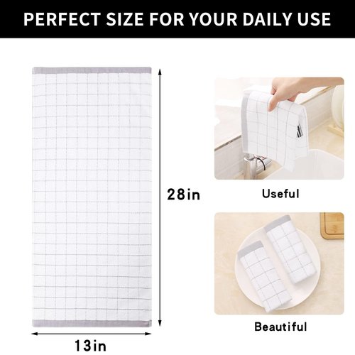 Homaxy 100% Cotton Terry Kitchen Towels(White and Light Grey, 13 x 28 Inches), Checkered Designed, Soft and Super Absorbent Dish Towels, 6 Pack