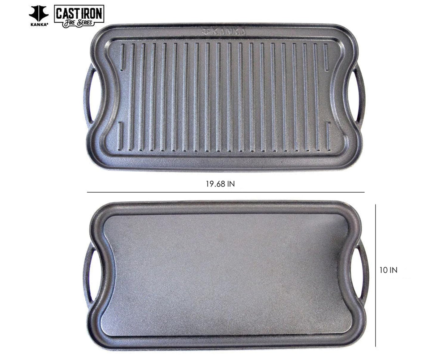 KANKA Grill Cast Iron Griddle - Extra Large Reversible Double-Sided Griddle for Gas Stove, BBQ Grill Plate, Flat Top Skillet for Stove Top, Outdoor Grill - 19.7in x 10.23in, Pre-Seasoned, Black