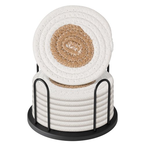 Coasters Set of 8 for Drinks, Beer, Coffee, Cotton Woven Absorbent Coaster with Holder, Boho Coasters for Home Decor Tabletop Protection Suitable for Kinds of Cups, White & Coffee