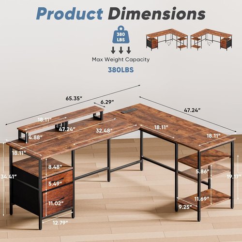 DUMOS L-Shaped Gaming Desk - 62 Inch with Charging Station & Dual Monitor Stands | Brown Corner Computer Desk with Drawer & Adjustable Shelves