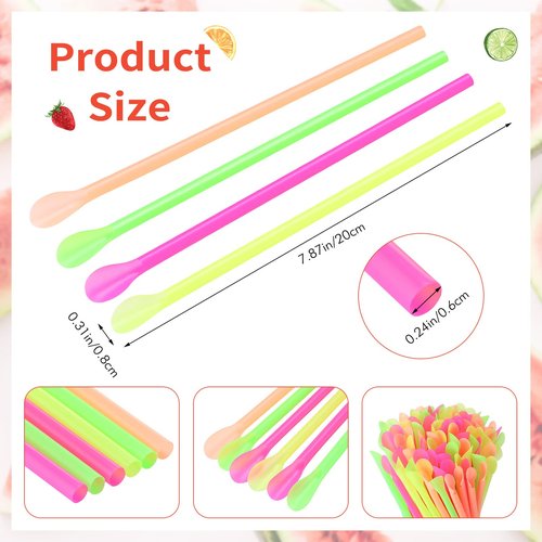 Eaasty 1000 Pcs Snow Cone Spoon Straws, Flexible Plastic Flexible Disposable Drinking Straws, Disposable Plastic Sip Stir Sticks (Yellow,Green,Orange,Rose Red)