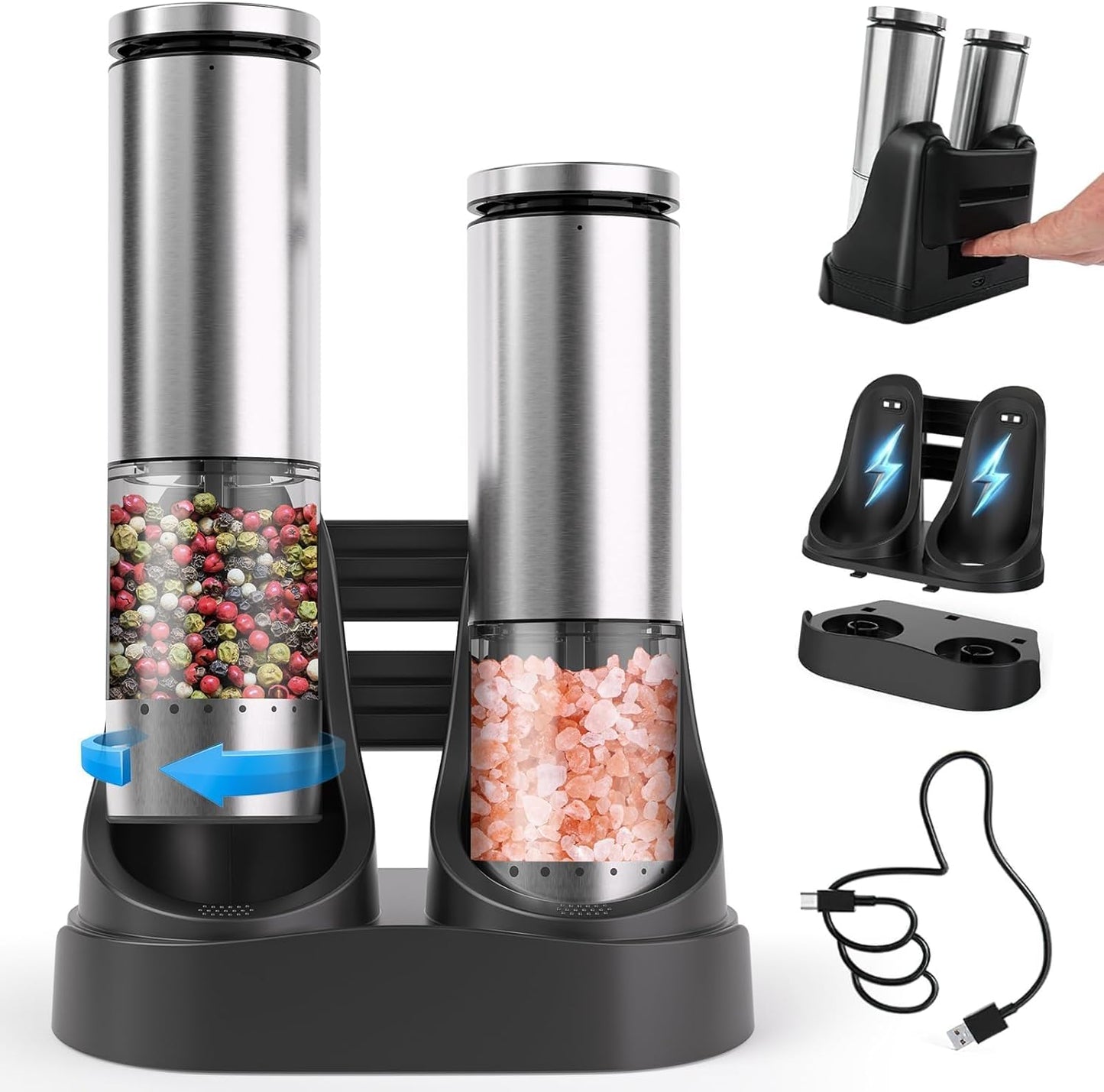 Skiennix Electric Salt and Pepper Grinder Set - Rechargeable Automatic Grinders with Adjustable Coarseness | Stainless Steel, Silver