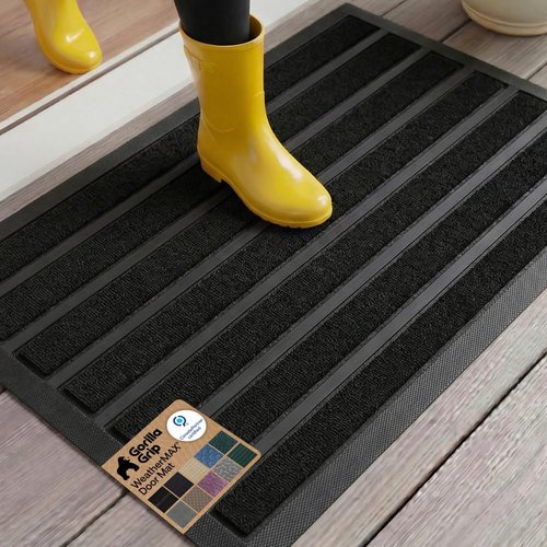 GORILLA GRIP Waterproof All-Season Doormat - Natural Rubber, Stain & Fade Resistant, 23x35, Black Stripe