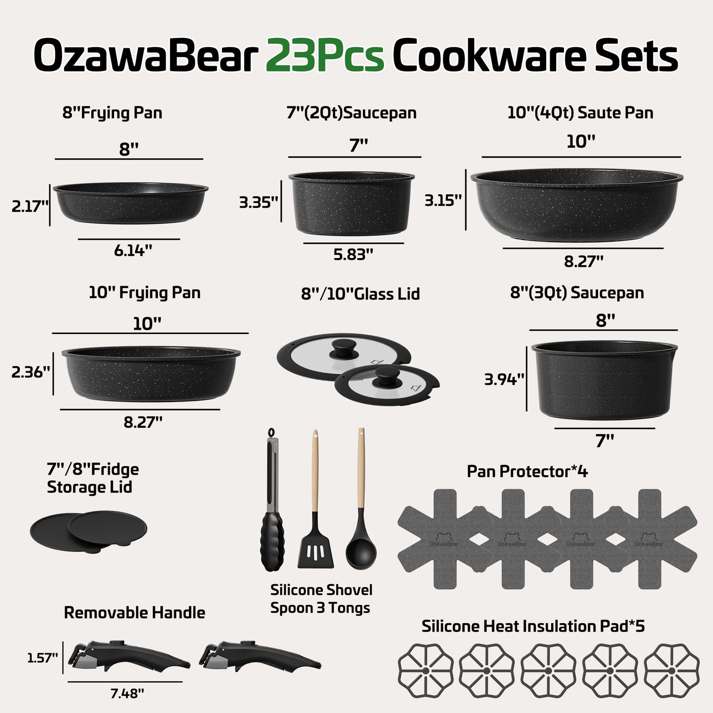 OzawaBear 23 Pcs Pots and Pans Set Non Stick, Ceramic Cookware Set Non Toxic with Detachable Handles, Healthy Induction Cookware Oven Safe RV Kitchen Set, PFAS PFOA & PTFE Free, Black