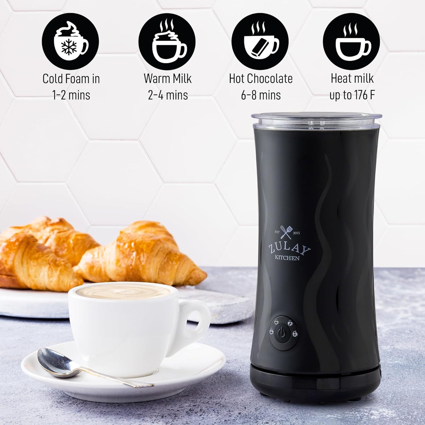 Zulay 4-in-1 Milk Frother & Steamer - Automatic Hot/Cold Foam Maker with Auto Shut Off - Black