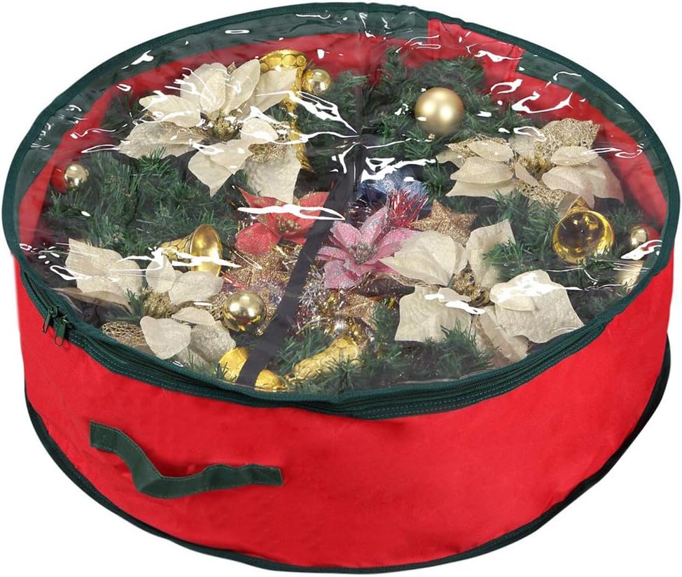 Primode Christmas Wreath Storage Bag 30" - Durable 600D Oxford Container with Clear Window for Easy Holiday Storage (Red)