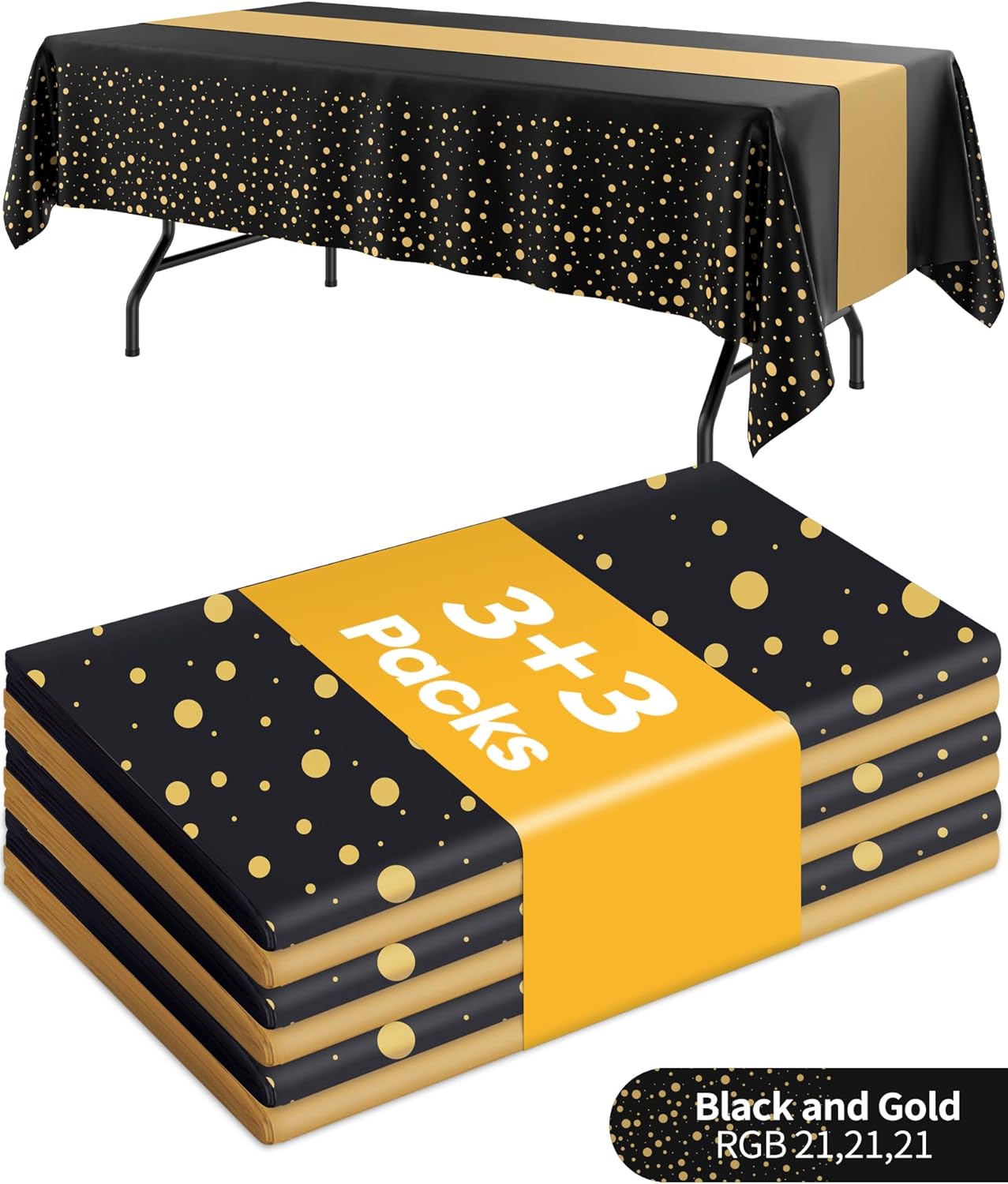 Niuara Table Cloth Set - Black and Gold Rectangle Table Covers & Runners | 3+3 Pack for Events