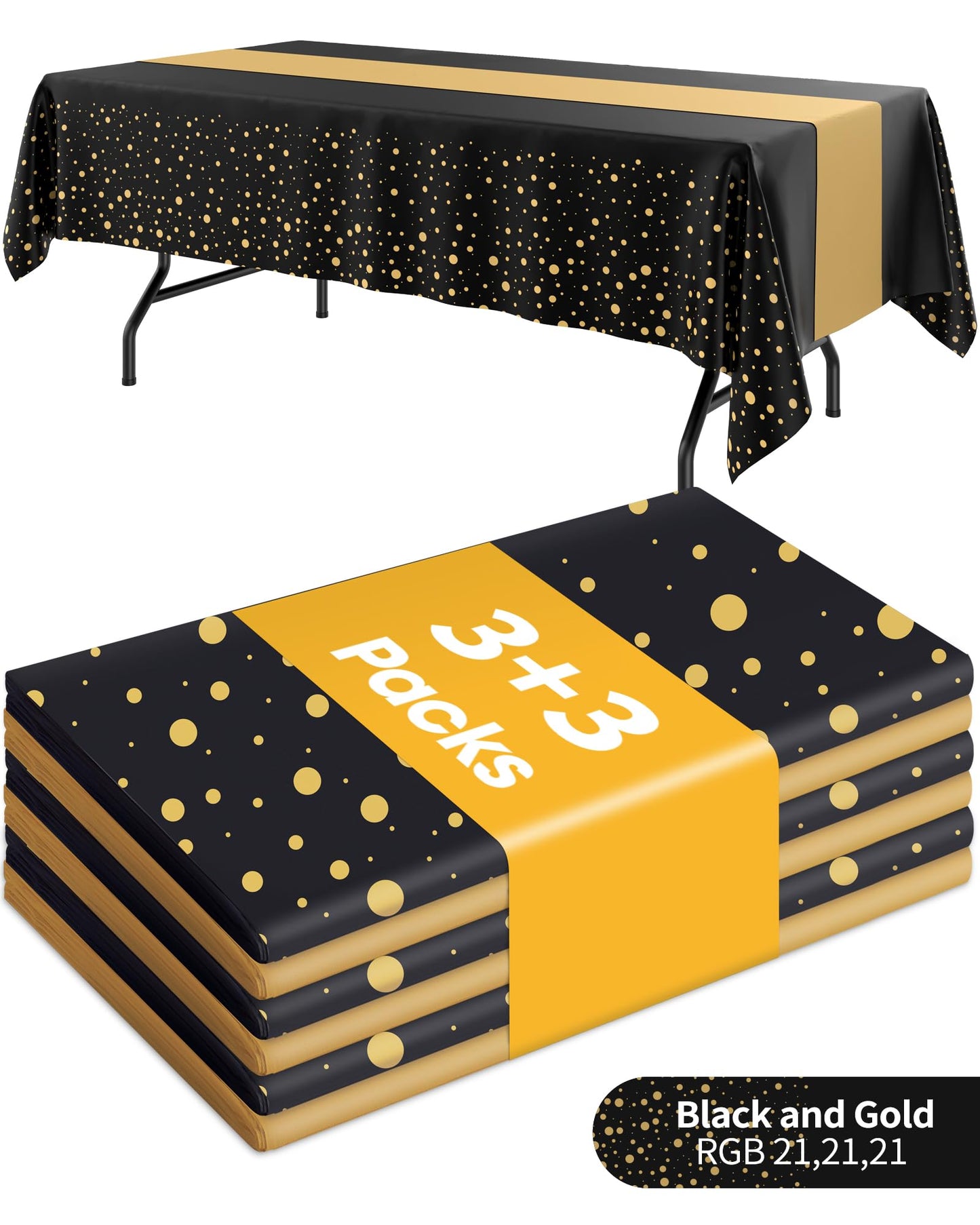 Niuara Graduation Decorations Table Cloth for Rectangle Table and Table Runner Set - 12+12 Pack, Black and Gold Plastic Tablecloth Disposable for Birthday, Wedding, Baby Shower, New Year
