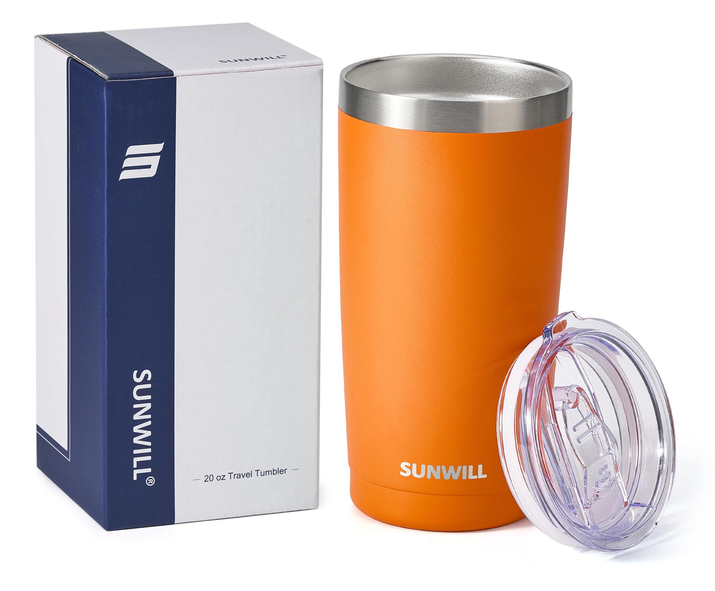SUNWILL Travel Coffee Tumbler 20 oz, Insulated Mug with Lid, Stainless Steel Cup for Hot and Cold Drinks, Powder Coated Orange