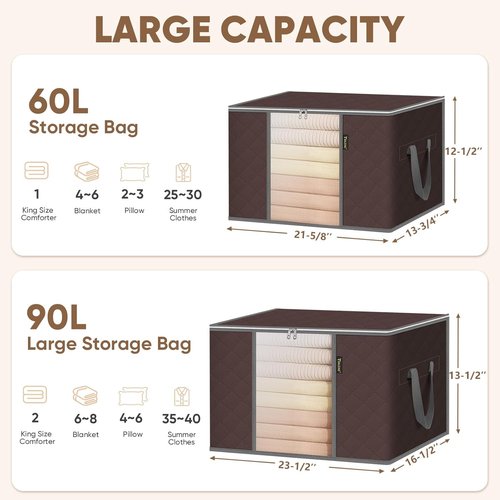 BALEINE 6 Pack Clothes Storage Bags - 24 Gallon Containers with Reinforced Handles | Sturdy Zipper for Bedding (Brown)