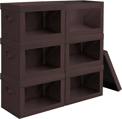 Homsorout Brown Fabric Storage Bins - 6 Pack Modern Lidded Bins, 14 Inch for Clothes & Office Supplies